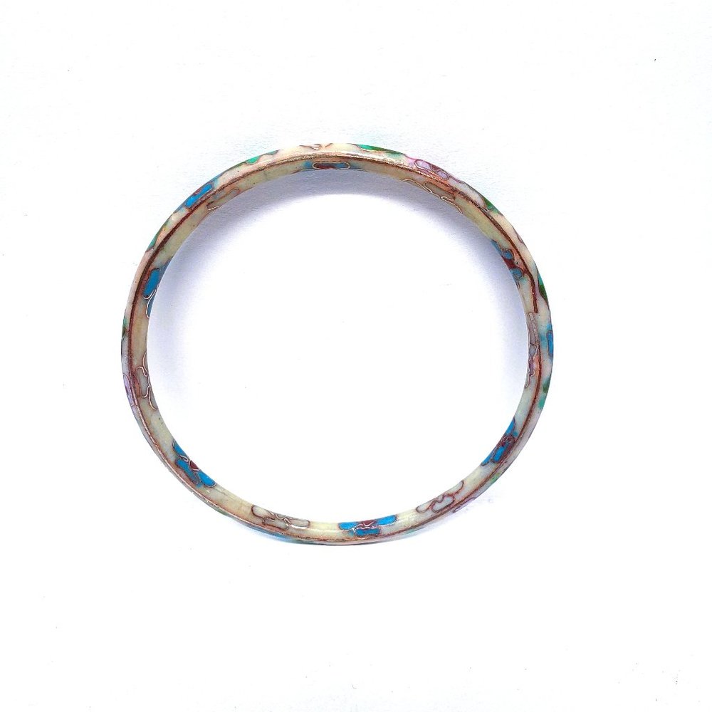 Vintage Cloisonne Enamel Bangle Bracelet White Blue Pink Flowers 2.75"